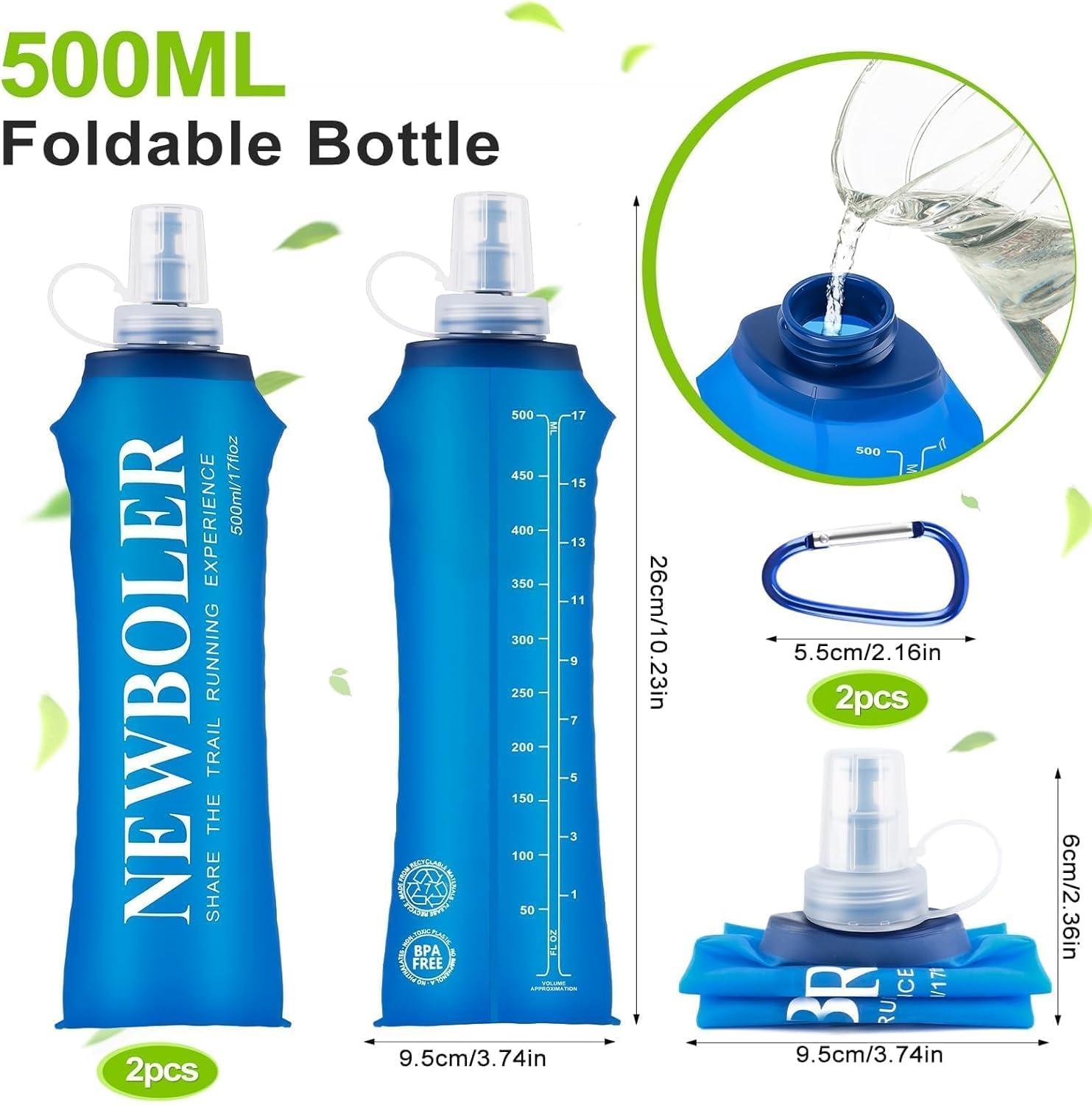 imageWuGU 2 Pcs Gourde Souple 500 ML Bouteille deau Pliable Unisexe avec 2 Mousquetons sans BPA Flasque Running Rutilisable en TPU pour Course Pied Randonne Escalade