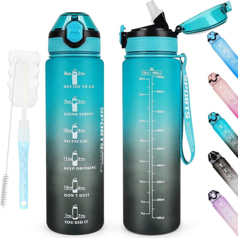 imageAOHAN Bouteille deau de 1 L sans BPA avec paille passe au lavevaisselle couvercle antifuite bouteille deau motivante avec marquages de temps non toxiqueVertnoir