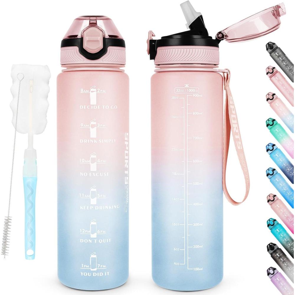 imageAOHAN Bouteille deau de 1 L sans BPA avec paille passe au lavevaisselle couvercle antifuite bouteille deau motivante avec marquages de temps non toxiqueRosebleu