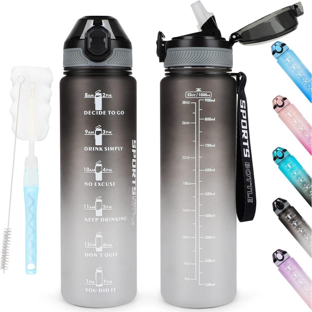 imageAOHAN Bouteille deau de 1 L sans BPA avec paille passe au lavevaisselle couvercle antifuite bouteille deau motivante avec marquages de temps non toxiqueNoirgris