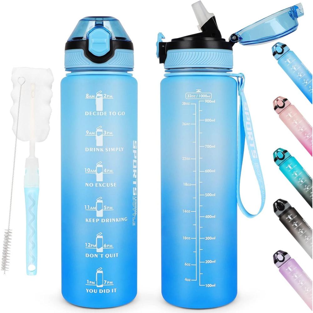 imageAOHAN Bouteille deau de 1 L sans BPA avec paille passe au lavevaisselle couvercle antifuite bouteille deau motivante avec marquages de temps non toxiqueBleu Clair