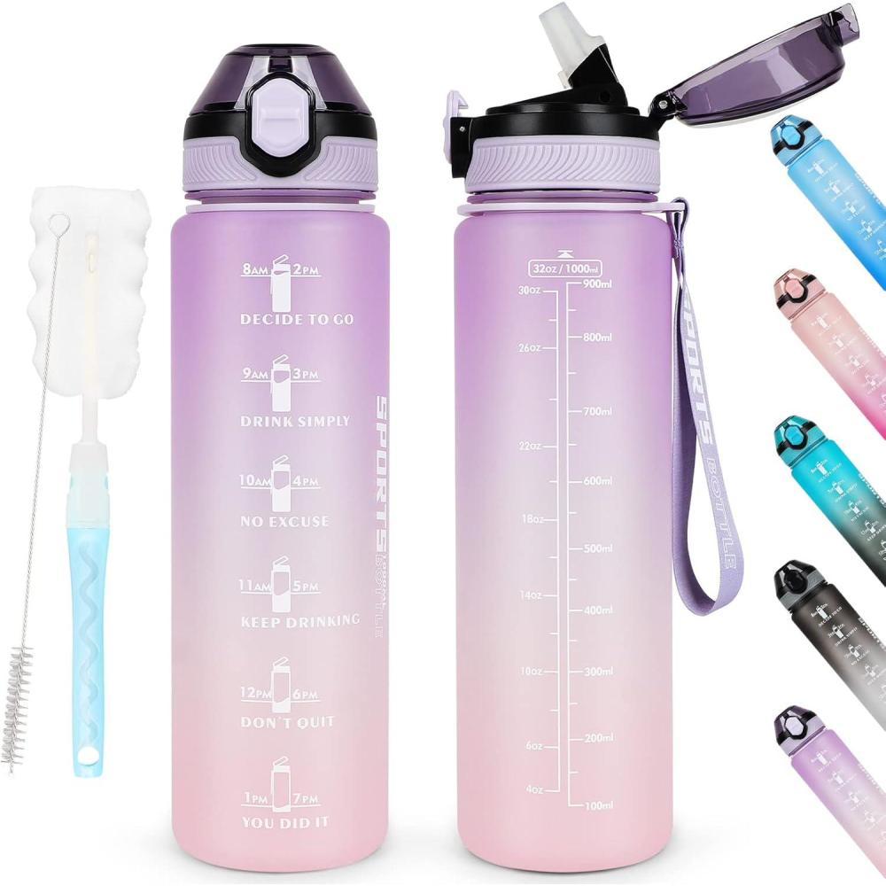 imageAOHAN Bouteille deau de 1 L sans BPA avec paille passe au lavevaisselle couvercle antifuite bouteille deau motivante avec marquages de temps non toxiqueVioletrose