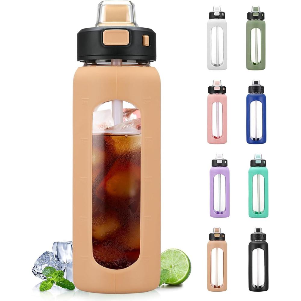 imageBLUEGO 900ML Bouteille deau en Verre avec Poigne et Paille Bouteille dhydratation avec Manchon en Silicone et Marquage du Temps Gourde de Motivation pour Gym Sport Extrieur Antifuite Bleu foncAmbre