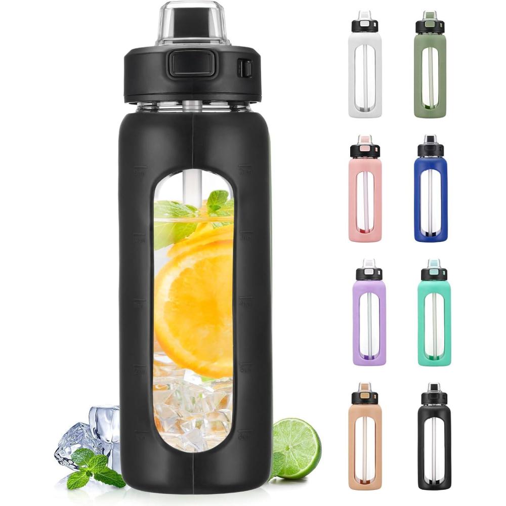imageBLUEGO 900ML Bouteille deau en Verre avec Poigne et Paille Bouteille dhydratation avec Manchon en Silicone et Marquage du Temps Gourde de Motivation pour Gym Sport Extrieur Antifuite Bleu foncNoir