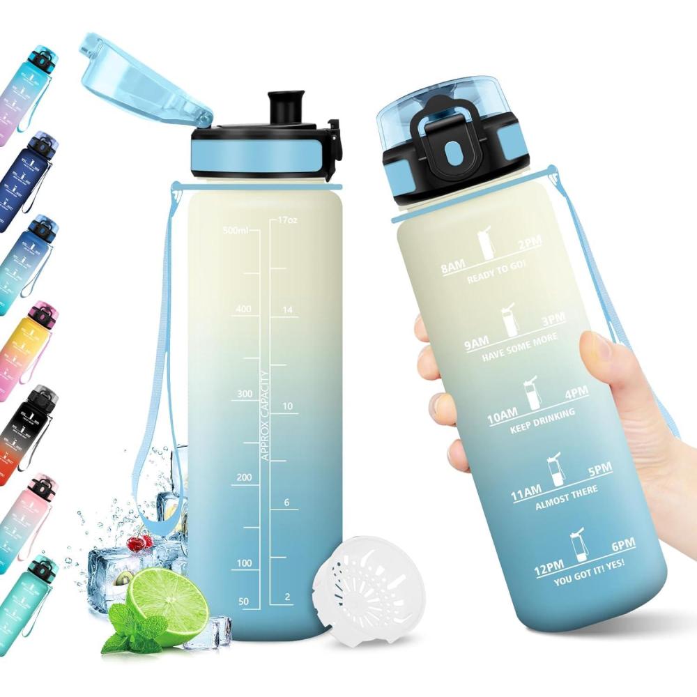 imageBouteille deau 500ml Gourde Enfant avec Filtre Gourde Sport tanche Gourdes avec Marqueur de Temps Bouteille Reutilisable Gourdes Motivation Idale pour Yoga cole Bureau Randonne17oz500ml Blanc Bleu Clair