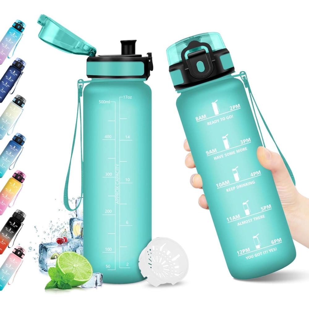 imageBouteille deau 500ml Gourde Enfant avec Filtre Gourde Sport tanche Gourdes avec Marqueur de Temps Bouteille Reutilisable Gourdes Motivation Idale pour Yoga cole Bureau Randonne17oz500ml Mat Bleuvert