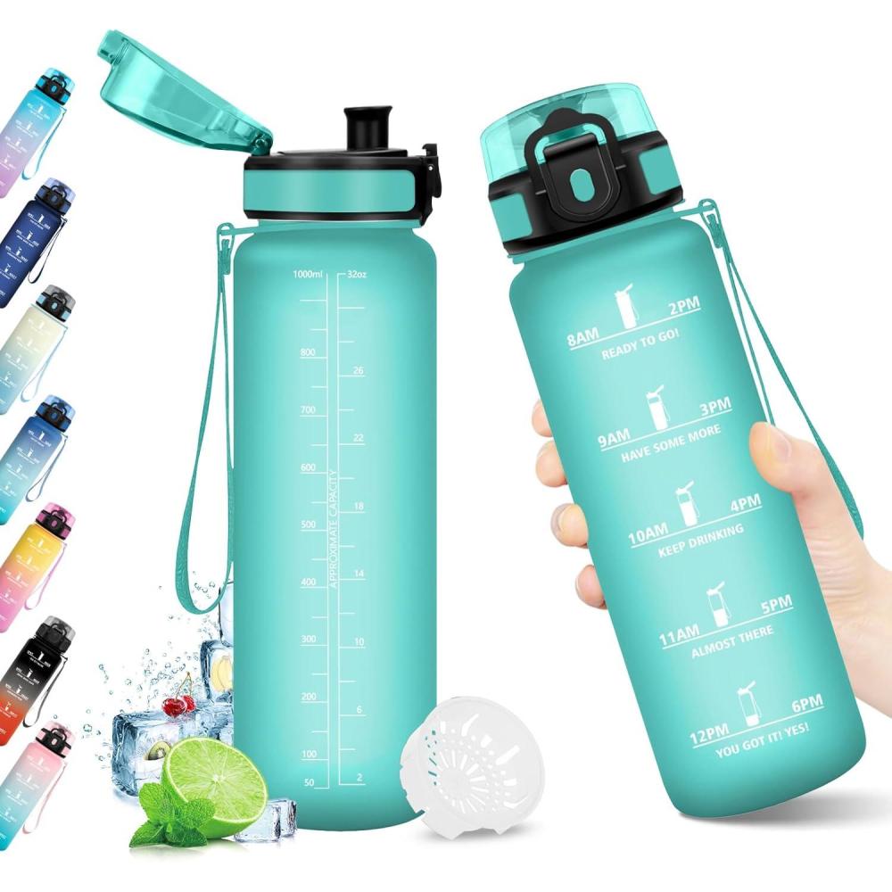 imageBouteille deau 500ml Gourde Enfant avec Filtre Gourde Sport tanche Gourdes avec Marqueur de Temps Bouteille Reutilisable Gourdes Motivation Idale pour Yoga cole Bureau Randonne32oz1000ml Mat Bleuvert