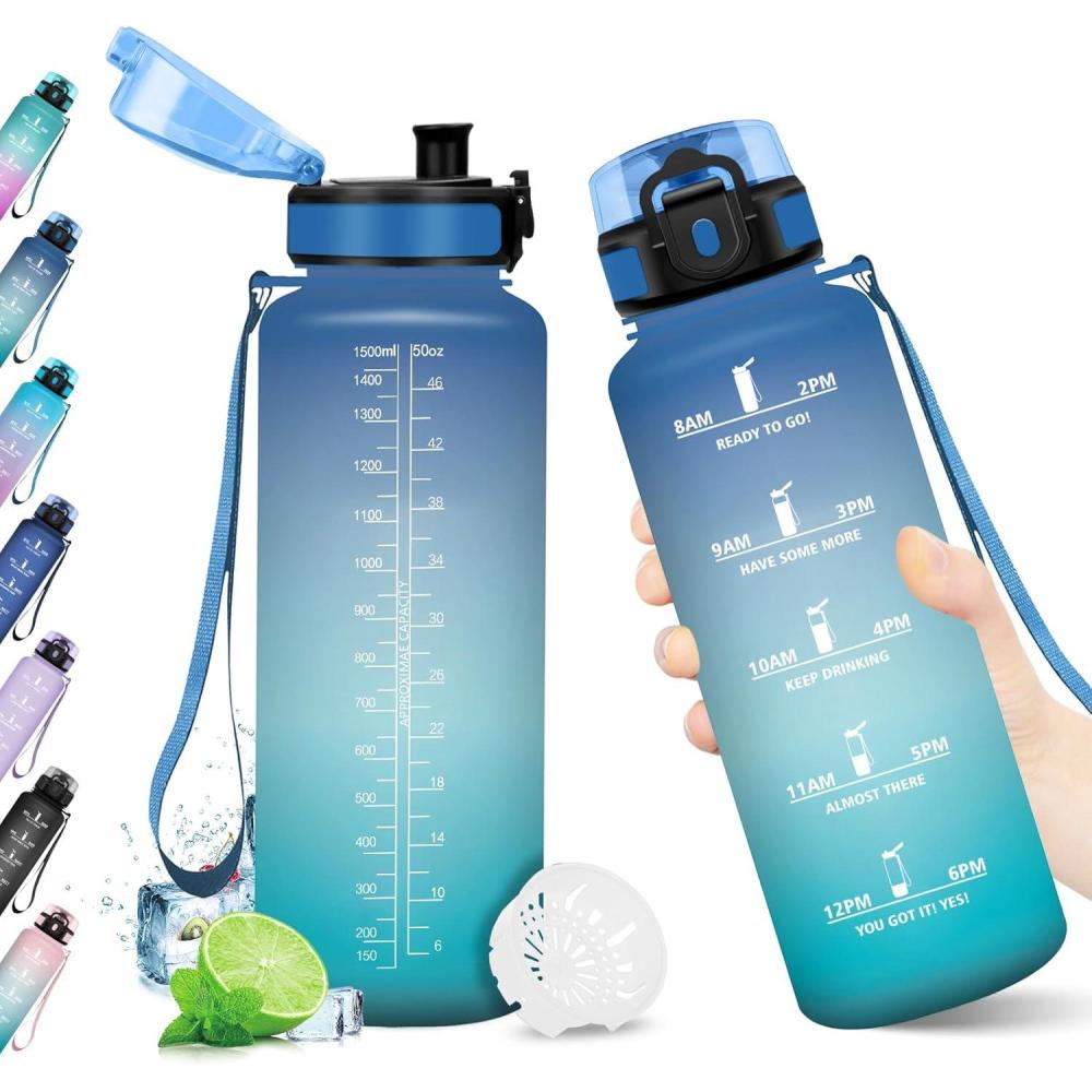 imageBouteille deau 500ml Gourde Enfant avec Filtre Gourde Sport tanche Gourdes avec Marqueur de Temps Bouteille Reutilisable Gourdes Motivation Idale pour Yoga cole Bureau Randonne50oz1500ml Bleu Vert