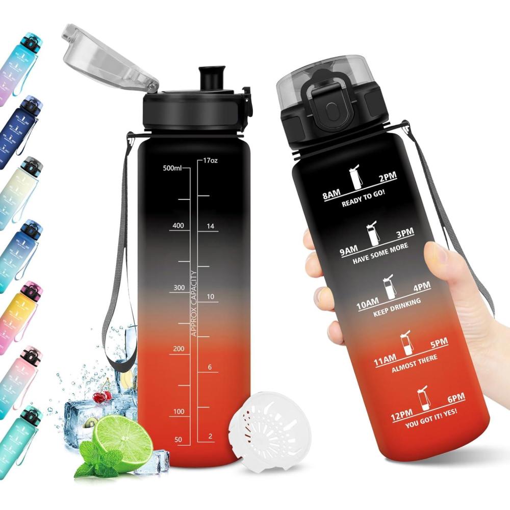 imageBouteille deau 500ml Gourde Enfant avec Filtre Gourde Sport tanche Gourdes avec Marqueur de Temps Bouteille Reutilisable Gourdes Motivation Idale pour Yoga cole Bureau Randonne17oz500ml Noir Rouge