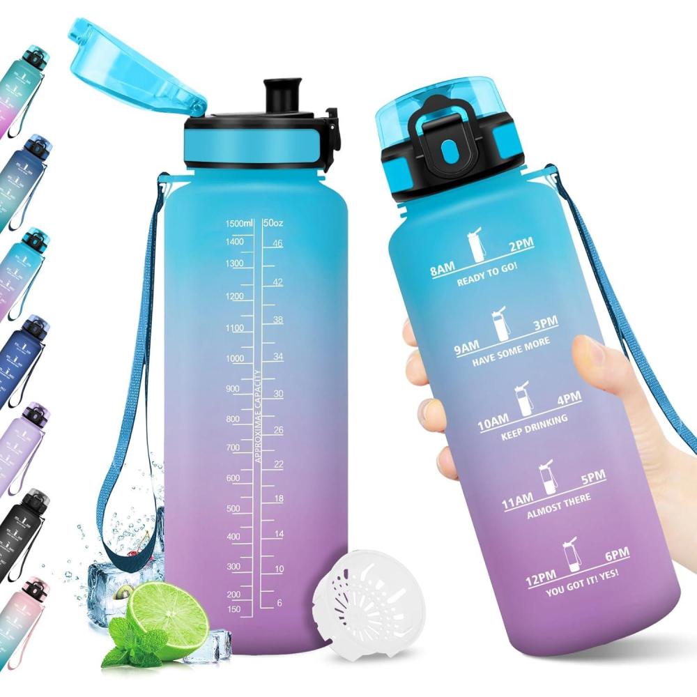 imageBouteille deau 500ml Gourde Enfant avec Filtre Gourde Sport tanche Gourdes avec Marqueur de Temps Bouteille Reutilisable Gourdes Motivation Idale pour Yoga cole Bureau Randonne50oz1500ml Bleu Violet