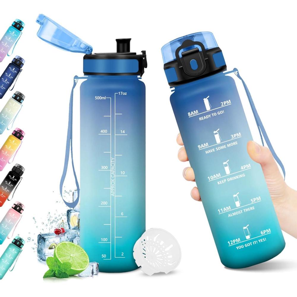 imageBouteille deau 500ml Gourde Enfant avec Filtre Gourde Sport tanche Gourdes avec Marqueur de Temps Bouteille Reutilisable Gourdes Motivation Idale pour Yoga cole Bureau Randonne17oz500ml Bleu Vert