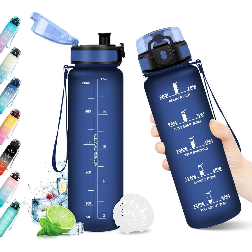 imageBouteille deau 500ml Gourde Enfant avec Filtre Gourde Sport tanche Gourdes avec Marqueur de Temps Bouteille Reutilisable Gourdes Motivation Idale pour Yoga cole Bureau Randonne17oz500ml Mat Marine Bleu