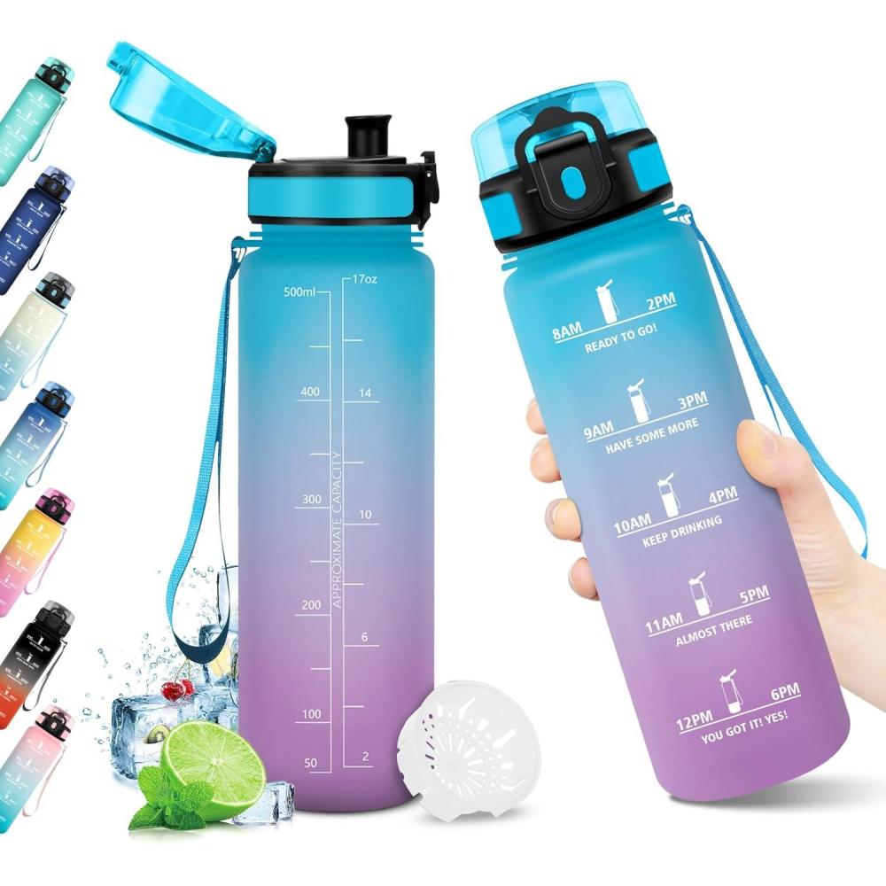 imageBouteille deau 500ml Gourde Enfant avec Filtre Gourde Sport tanche Gourdes avec Marqueur de Temps Bouteille Reutilisable Gourdes Motivation Idale pour Yoga cole Bureau Randonne17oz500ml Bleu Violet