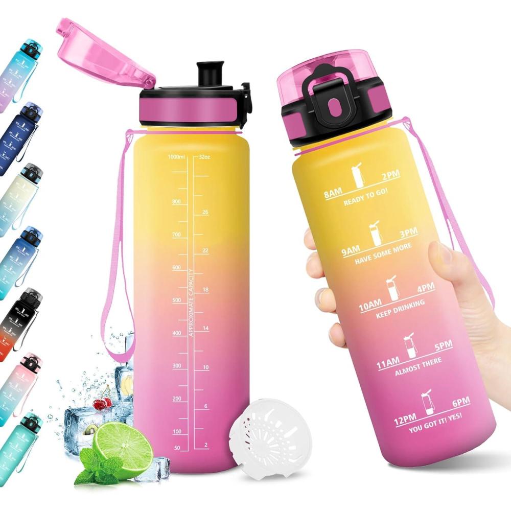 imageBouteille deau 500ml Gourde Enfant avec Filtre Gourde Sport tanche Gourdes avec Marqueur de Temps Bouteille Reutilisable Gourdes Motivation Idale pour Yoga cole Bureau Randonne32oz1000ml Jaune Rose