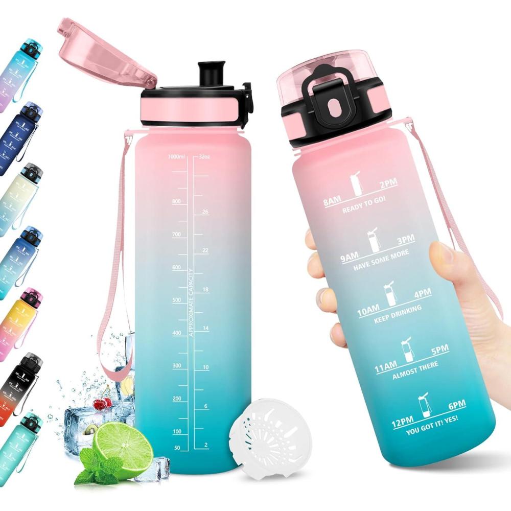 imageBouteille deau 500ml Gourde Enfant avec Filtre Gourde Sport tanche Gourdes avec Marqueur de Temps Bouteille Reutilisable Gourdes Motivation Idale pour Yoga cole Bureau Randonne32oz1000ml Rose Cyan