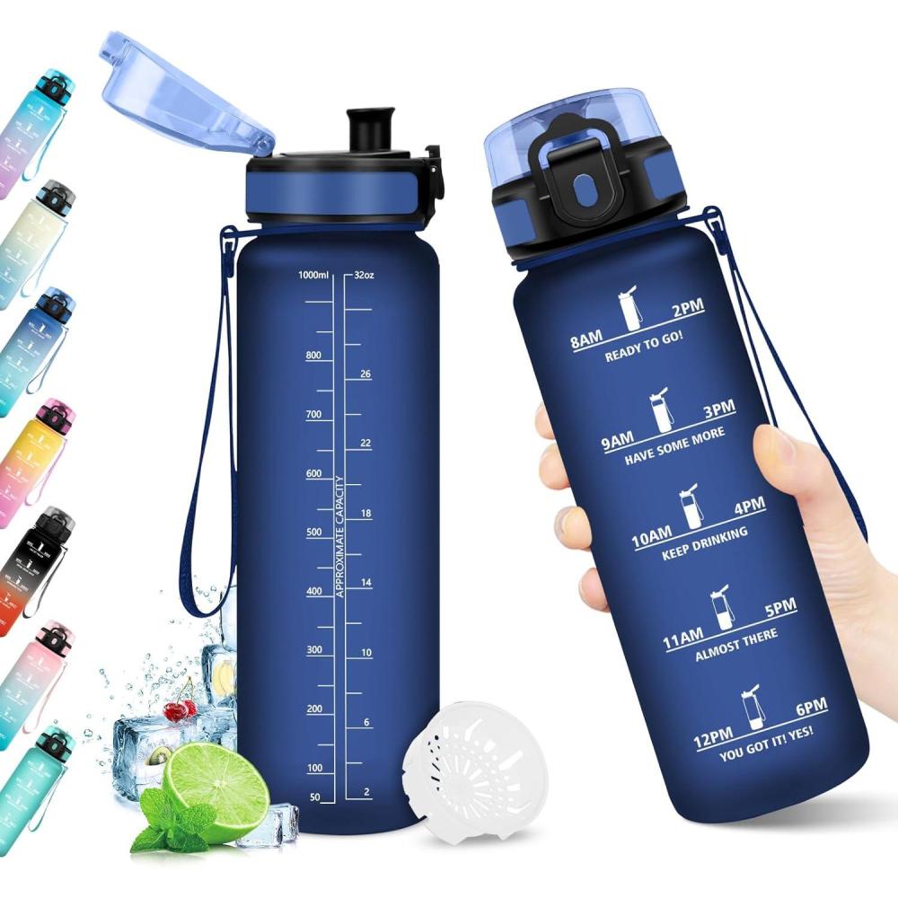 imageBouteille deau 500ml Gourde Enfant avec Filtre Gourde Sport tanche Gourdes avec Marqueur de Temps Bouteille Reutilisable Gourdes Motivation Idale pour Yoga cole Bureau Randonne32oz1000ml Mat Marine Bleu