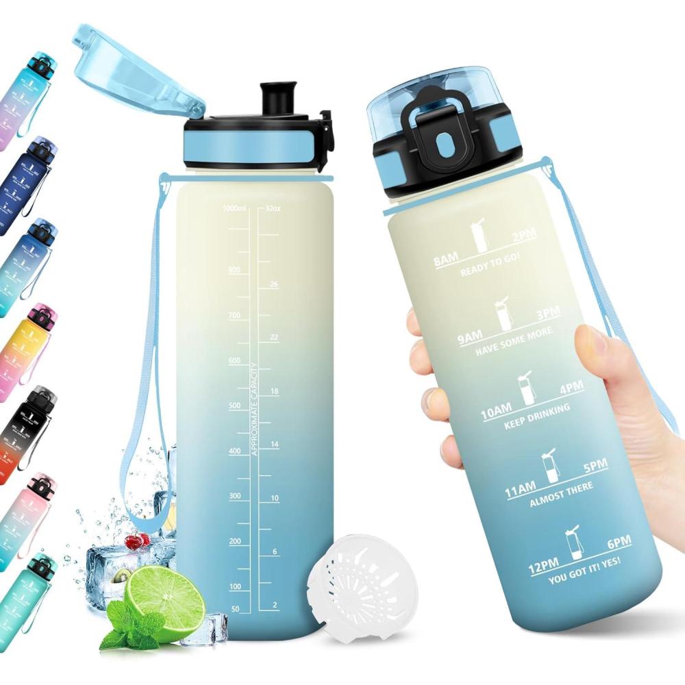 imageBouteille deau 500ml Gourde Enfant avec Filtre Gourde Sport tanche Gourdes avec Marqueur de Temps Bouteille Reutilisable Gourdes Motivation Idale pour Yoga cole Bureau Randonne32oz1000ml  Blanc  Bleu Clair