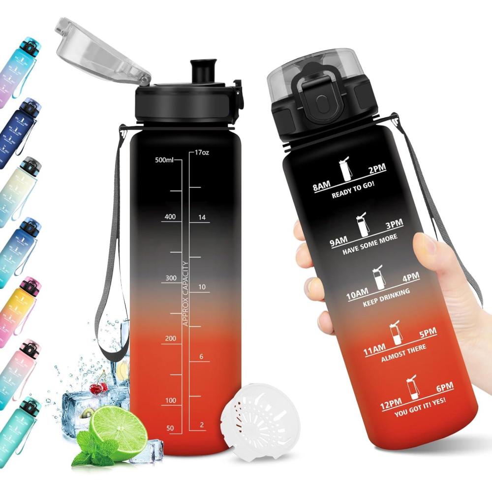 imageBouteille deau 500ml Gourde Enfant avec Filtre Gourde Sport tanche Gourdes avec Marqueur de Temps Bouteille Reutilisable Gourdes Motivation Idale pour Yoga cole Bureau Randonne32oz1000ml Noir Rouge
