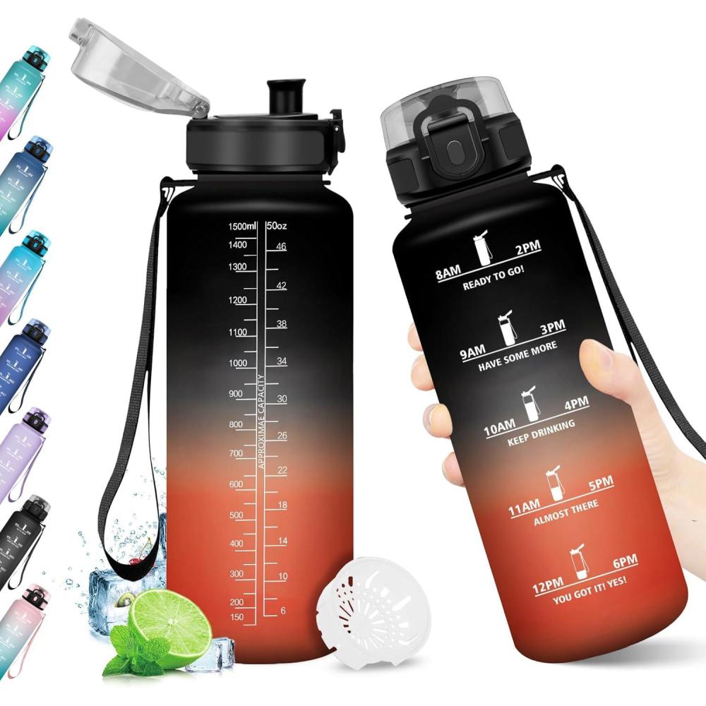 imageBouteille deau 500ml Gourde Enfant avec Filtre Gourde Sport tanche Gourdes avec Marqueur de Temps Bouteille Reutilisable Gourdes Motivation Idale pour Yoga cole Bureau Randonne50oz1500ml Noir Rouge