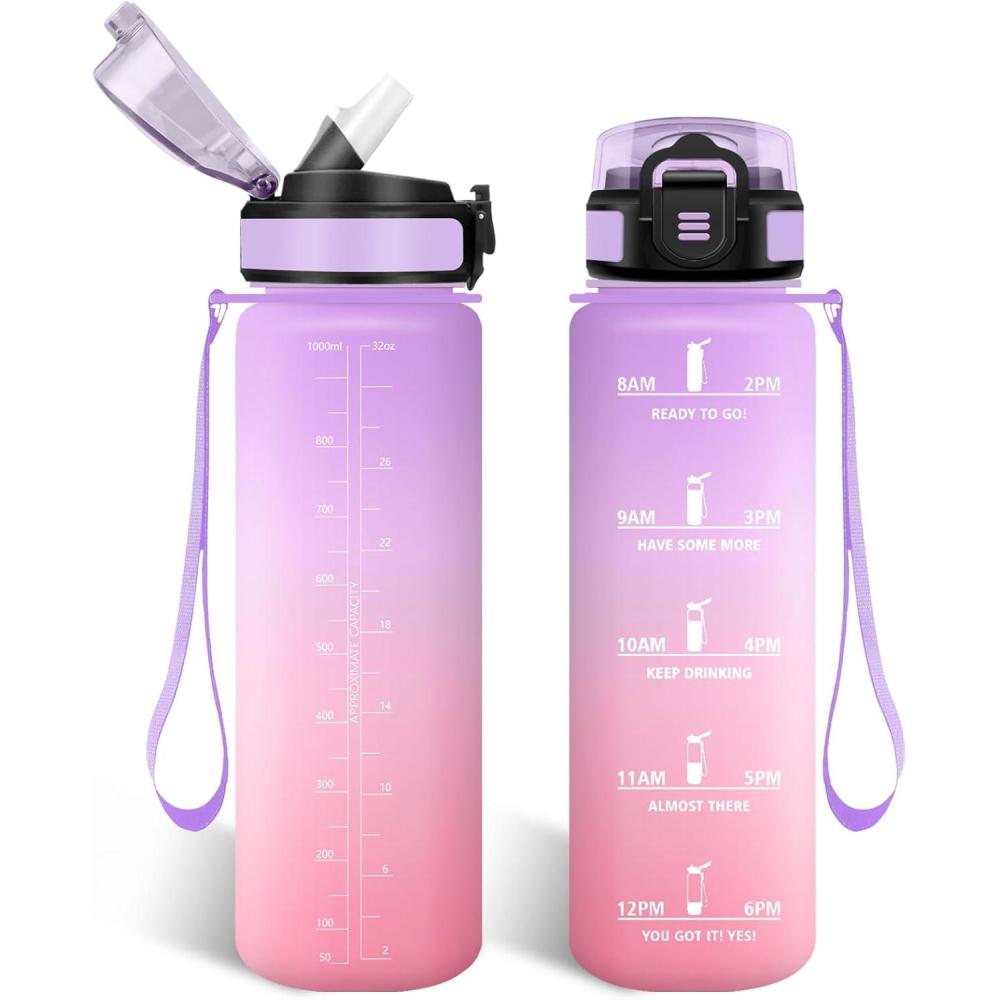 imageHoneyHolly Gourde 15L Bouteille Gourde Sport avec Paille Water Bottle Motivation avec Marqueur de Temps Water Bottle tanche Bouteille deau pour Randonne Camping Fitness CyclismeIrisrosa 1000ml
