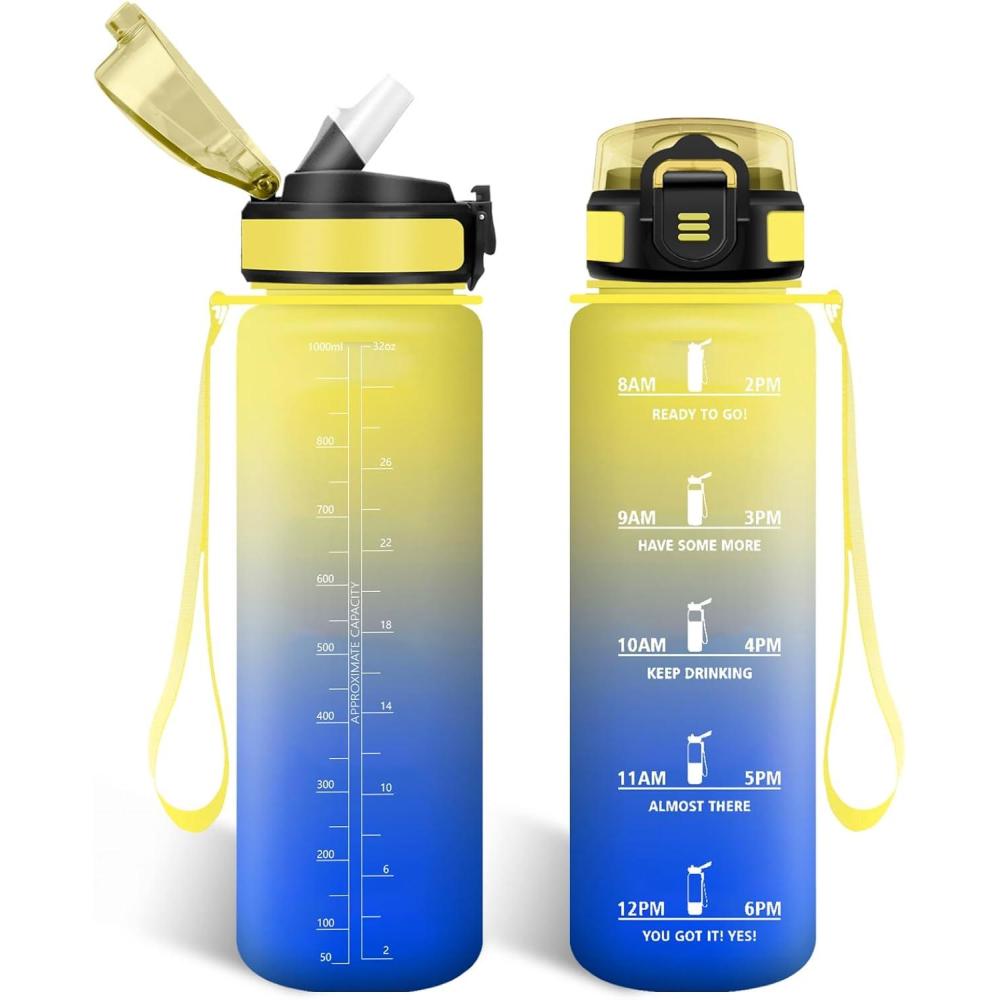 imageHoneyHolly Gourde 15L Bouteille Gourde Sport avec Paille Water Bottle Motivation avec Marqueur de Temps Water Bottle tanche Bouteille deau pour Randonne Camping Fitness CyclismeJaunebleu 1000 Ml