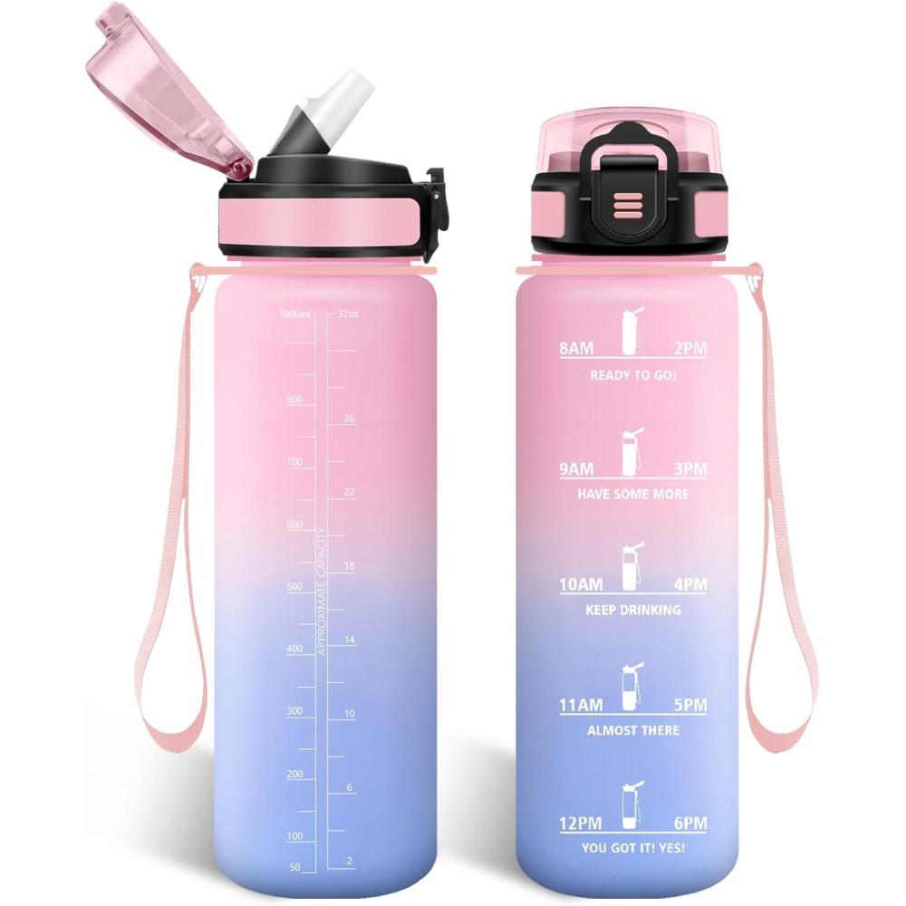 imageHoneyHolly Gourde 15L Bouteille Gourde Sport avec Paille Water Bottle Motivation avec Marqueur de Temps Water Bottle tanche Bouteille deau pour Randonne Camping Fitness CyclismeHimmelrosa 1000ml
