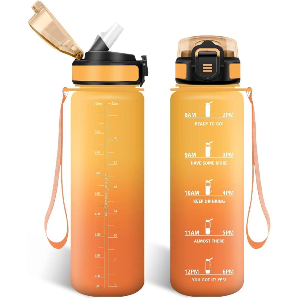 imageHoneyHolly Gourde 15L Bouteille Gourde Sport avec Paille Water Bottle Motivation avec Marqueur de Temps Water Bottle tanche Bouteille deau pour Randonne Camping Fitness CyclismeOrange Ambr 1000 Ml