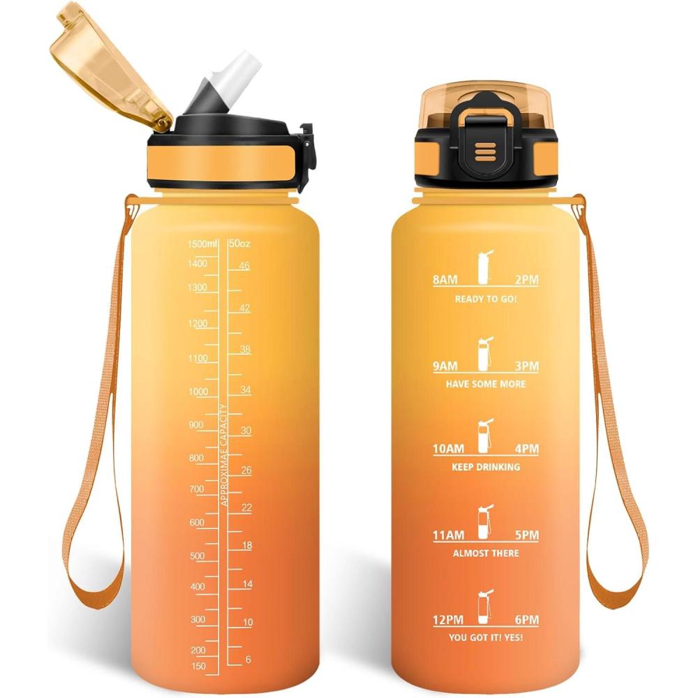 imageHoneyHolly Gourde 15L Bouteille Gourde Sport avec Paille Water Bottle Motivation avec Marqueur de Temps Water Bottle tanche Bouteille deau pour Randonne Camping Fitness CyclismeBernsteinorange 1500ml