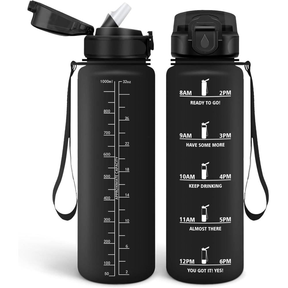 imageHoneyHolly Gourde 15L Bouteille Gourde Sport avec Paille Water Bottle Motivation avec Marqueur de Temps Water Bottle tanche Bouteille deau pour Randonne Camping Fitness CyclismeBlack With Label Color 1000 Ml
