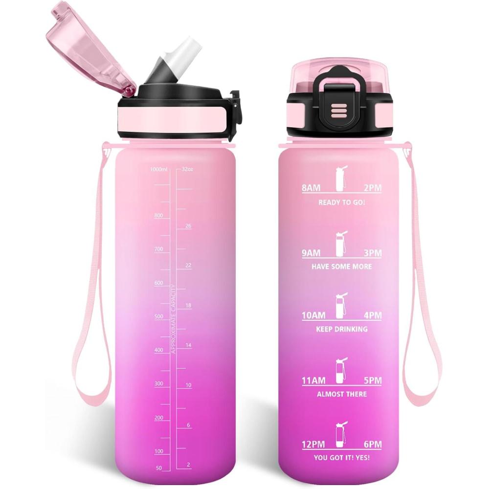 imageHoneyHolly Gourde 15L Bouteille Gourde Sport avec Paille Water Bottle Motivation avec Marqueur de Temps Water Bottle tanche Bouteille deau pour Randonne Camping Fitness CyclismePinkrose 1000ml