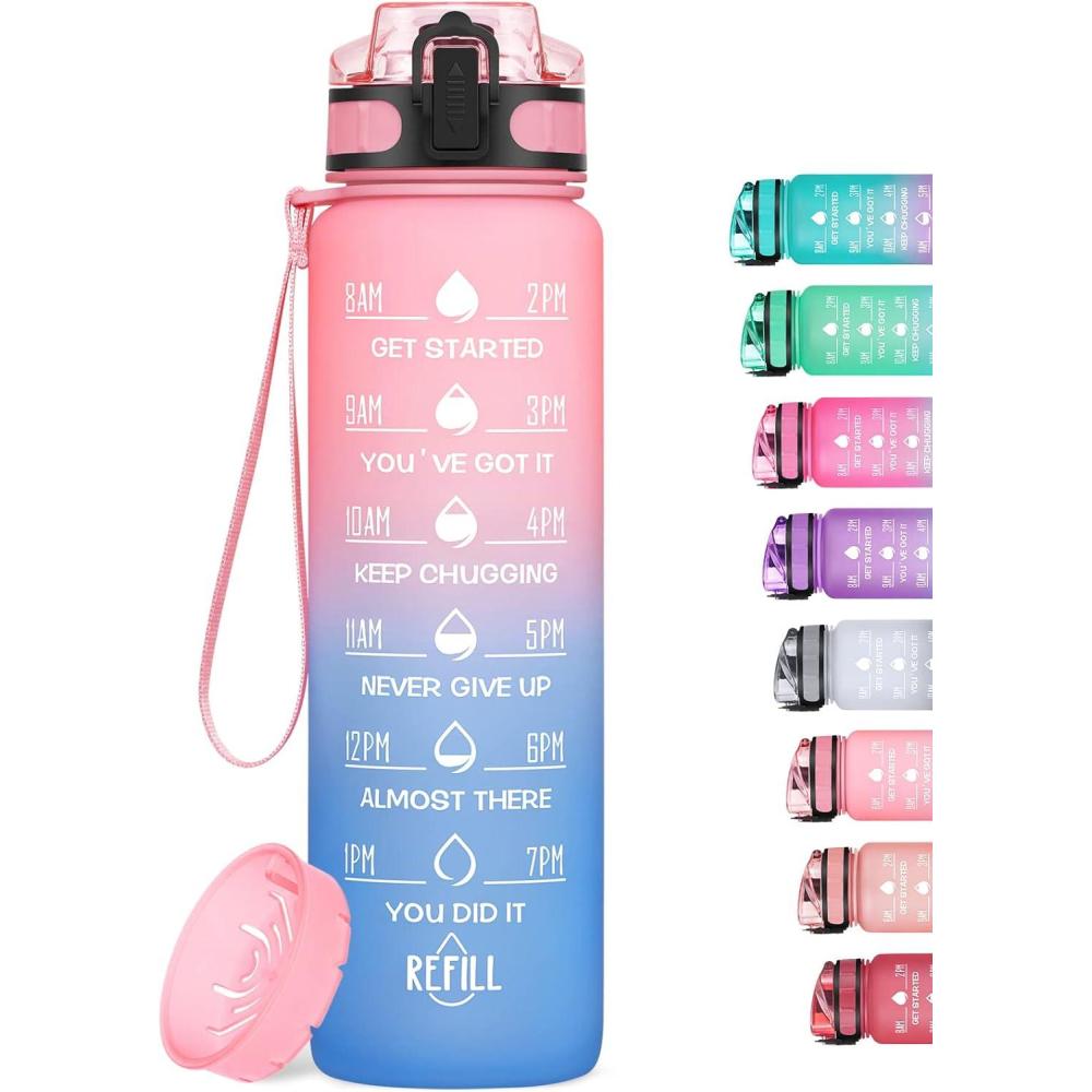imageHydroPal Gourde Sport 1 Litre Bouteille deau de motivation avec Marqueur de Temps Gourde Filtrante ampamp Bouteille pour Adulte sans BPA pour Sport Gym Bureau Yoga Vert ple et rose plePoudre Lgre et Bleu Ciel
