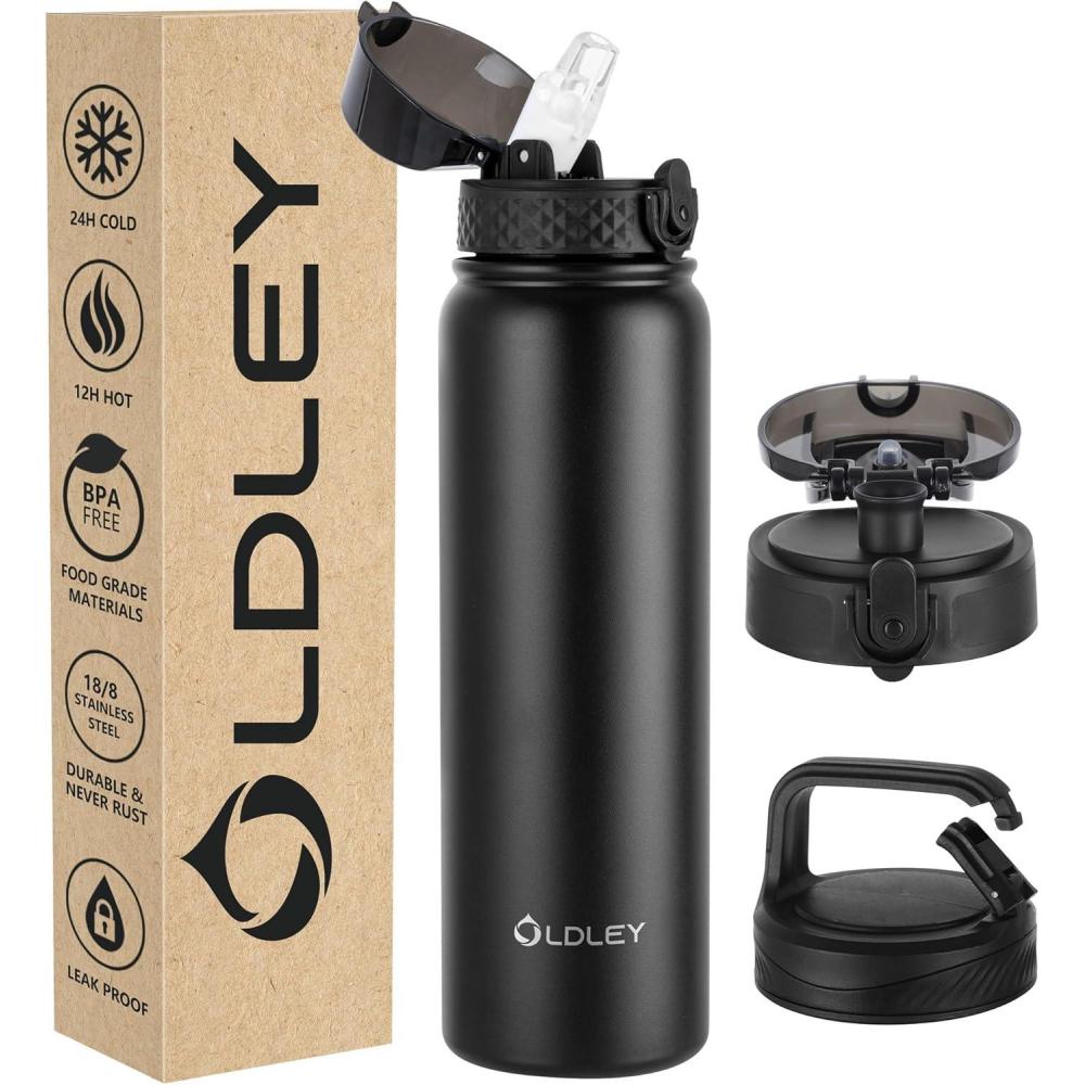 imageOLDLEY Bouteille deau en Acier Inoxydable avec Paille 1L Isotherme Sous Vide Grande gourde en Mtal tanche Garder les Boissons au Chaud et au Froid pour Vlo Camping Sports Gym Adulte Femme HommeNoir