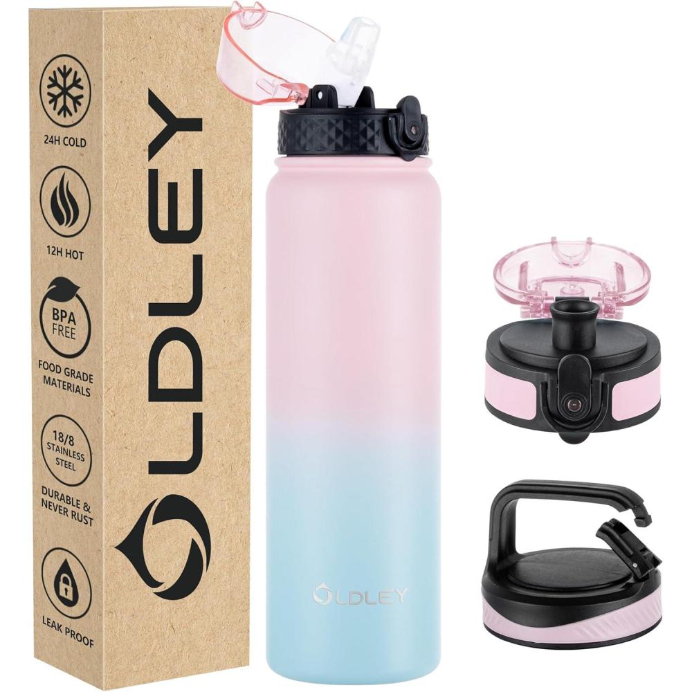 imageOLDLEY Bouteille deau en Acier Inoxydable avec Paille 1L Isotherme Sous Vide Grande gourde en Mtal tanche Garder les Boissons au Chaud et au Froid pour Vlo Camping Sports Gym Adulte Femme HommeRose Bleu