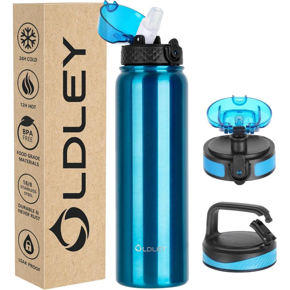 imageOLDLEY Bouteille deau en Acier Inoxydable avec Paille 1L Isotherme Sous Vide Grande gourde en Mtal tanche Garder les Boissons au Chaud et au Froid pour Vlo Camping Sports Gym Adulte Femme HommeVif Bleu