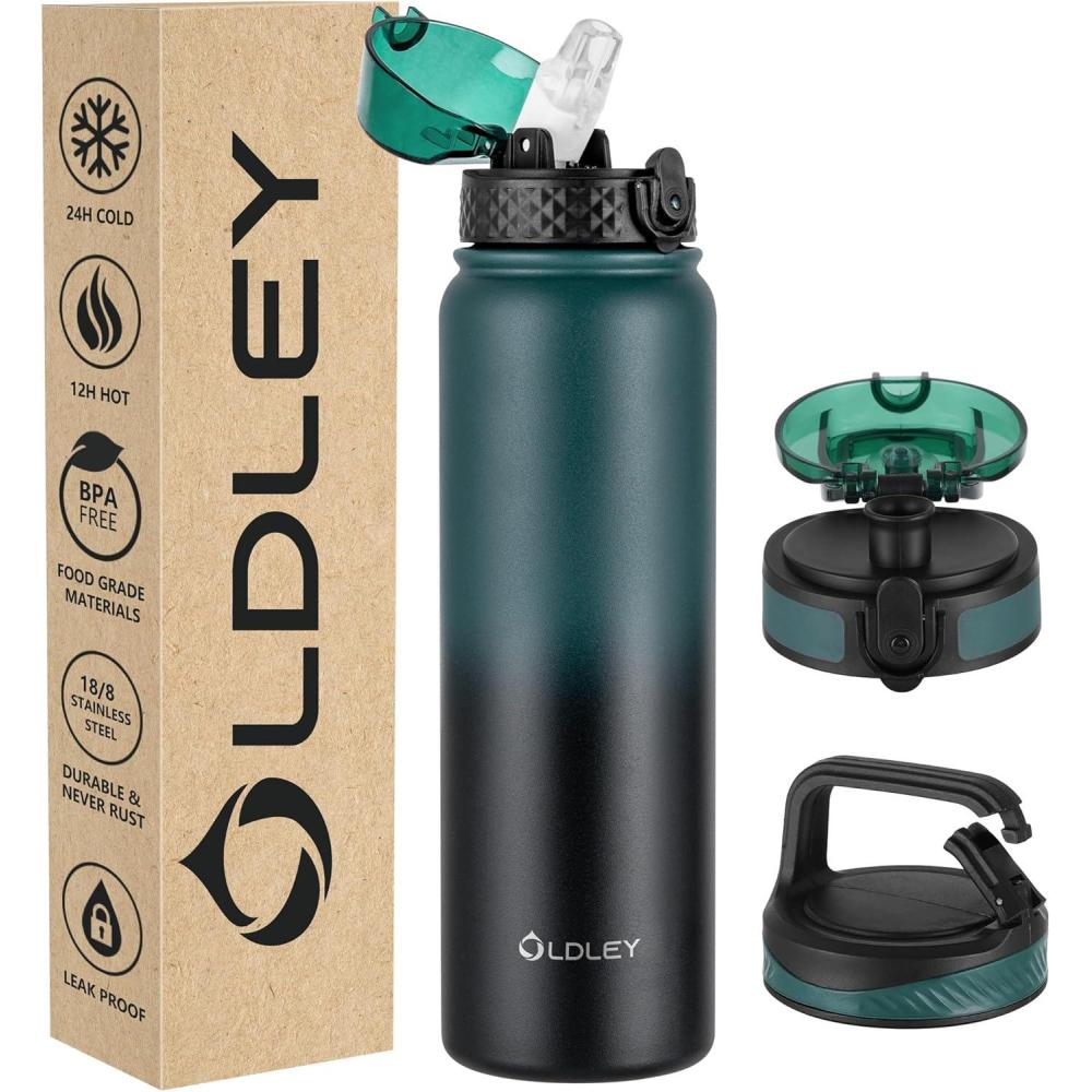 imageOLDLEY Bouteille deau en Acier Inoxydable avec Paille 1L Isotherme Sous Vide Grande gourde en Mtal tanche Garder les Boissons au Chaud et au Froid pour Vlo Camping Sports Gym Adulte Femme HommeFonc Vert Noir