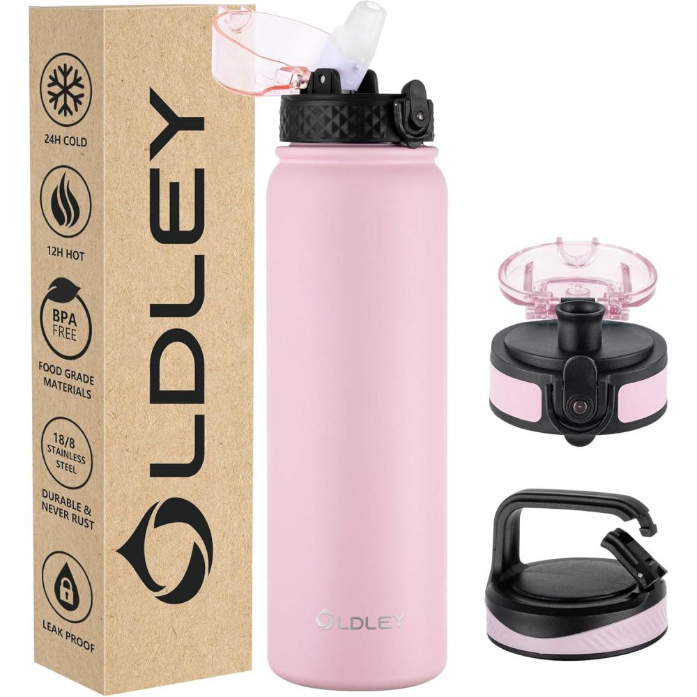 imageOLDLEY Bouteille deau en Acier Inoxydable avec Paille 1L Isotherme Sous Vide Grande gourde en Mtal tanche Garder les Boissons au Chaud et au Froid pour Vlo Camping Sports Gym Adulte Femme HommeRose