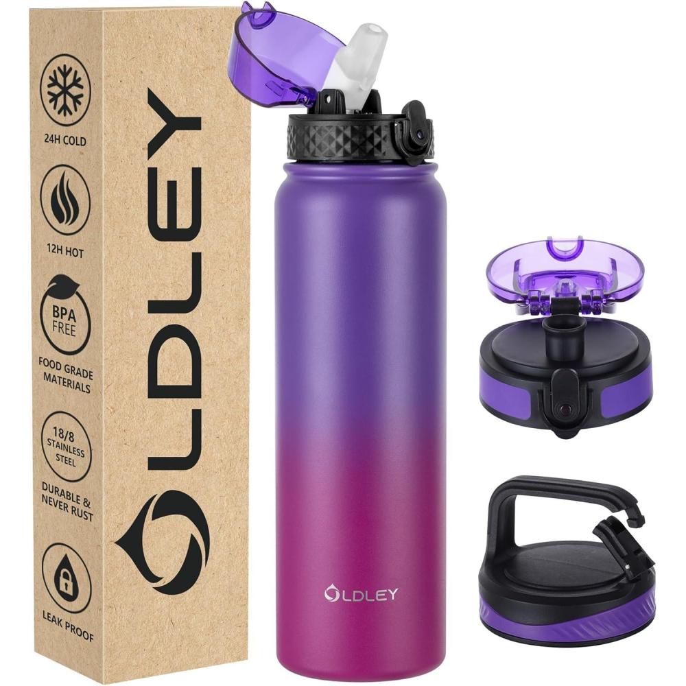 imageOLDLEY Bouteille deau en Acier Inoxydable avec Paille 1L Isotherme Sous Vide Grande gourde en Mtal tanche Garder les Boissons au Chaud et au Froid pour Vlo Camping Sports Gym Adulte Femme HommeViolet Rose