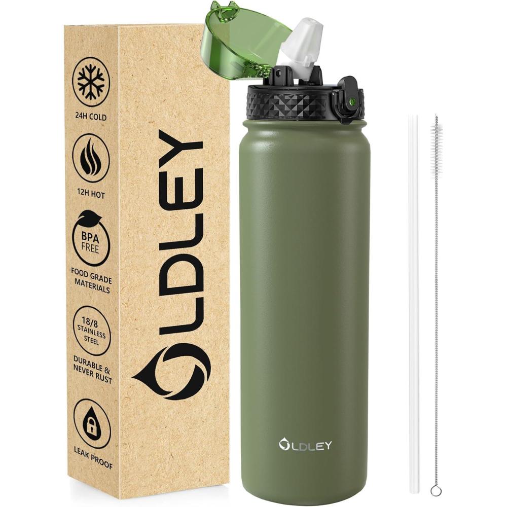 imageOLDLEY Bouteille deau en Acier Inoxydable avec Paille 1L Isotherme Sous Vide Grande gourde en Mtal tanche Garder les Boissons au Chaud et au Froid pour Vlo Camping Sports Gym Adulte Femme HommeOlive Vert