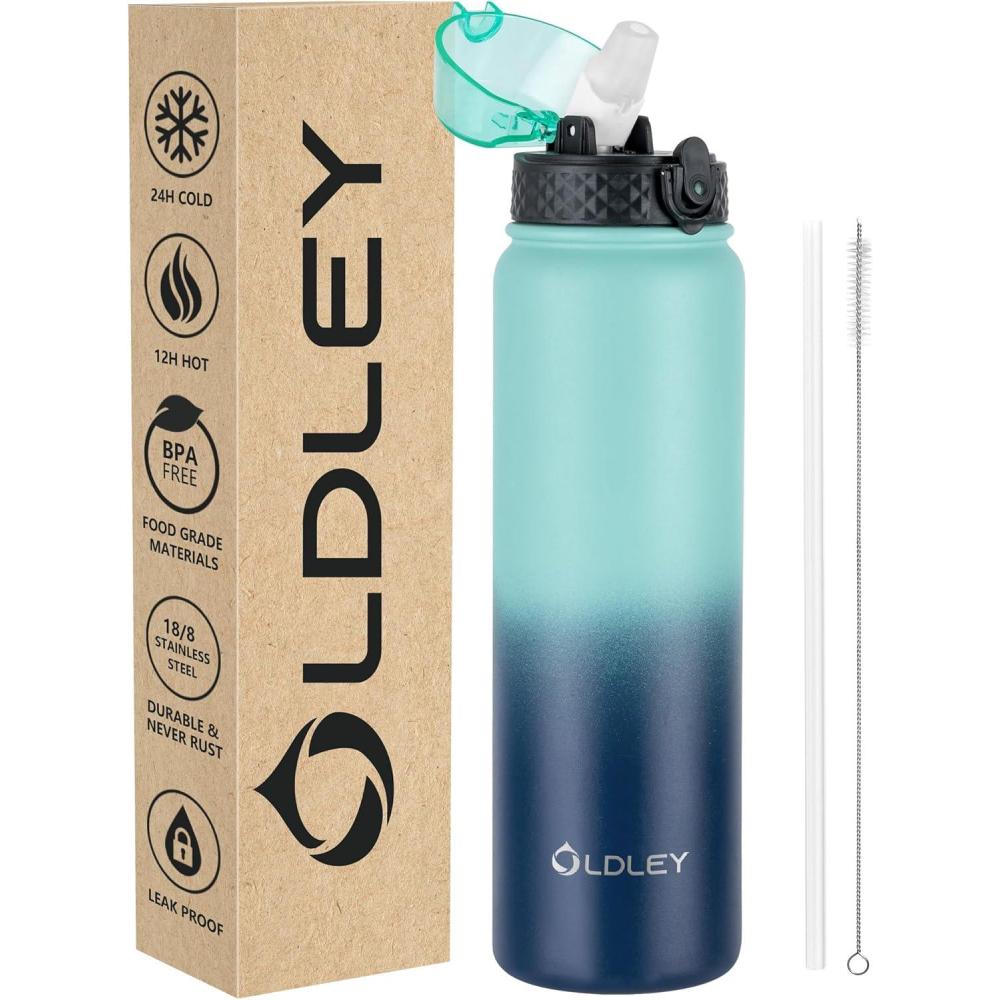 imageOLDLEY Bouteille deau en Acier Inoxydable avec Paille 1L Isotherme Sous Vide Grande gourde en Mtal tanche Garder les Boissons au Chaud et au Froid pour Vlo Camping Sports Gym Adulte Femme HommeVert Bleu