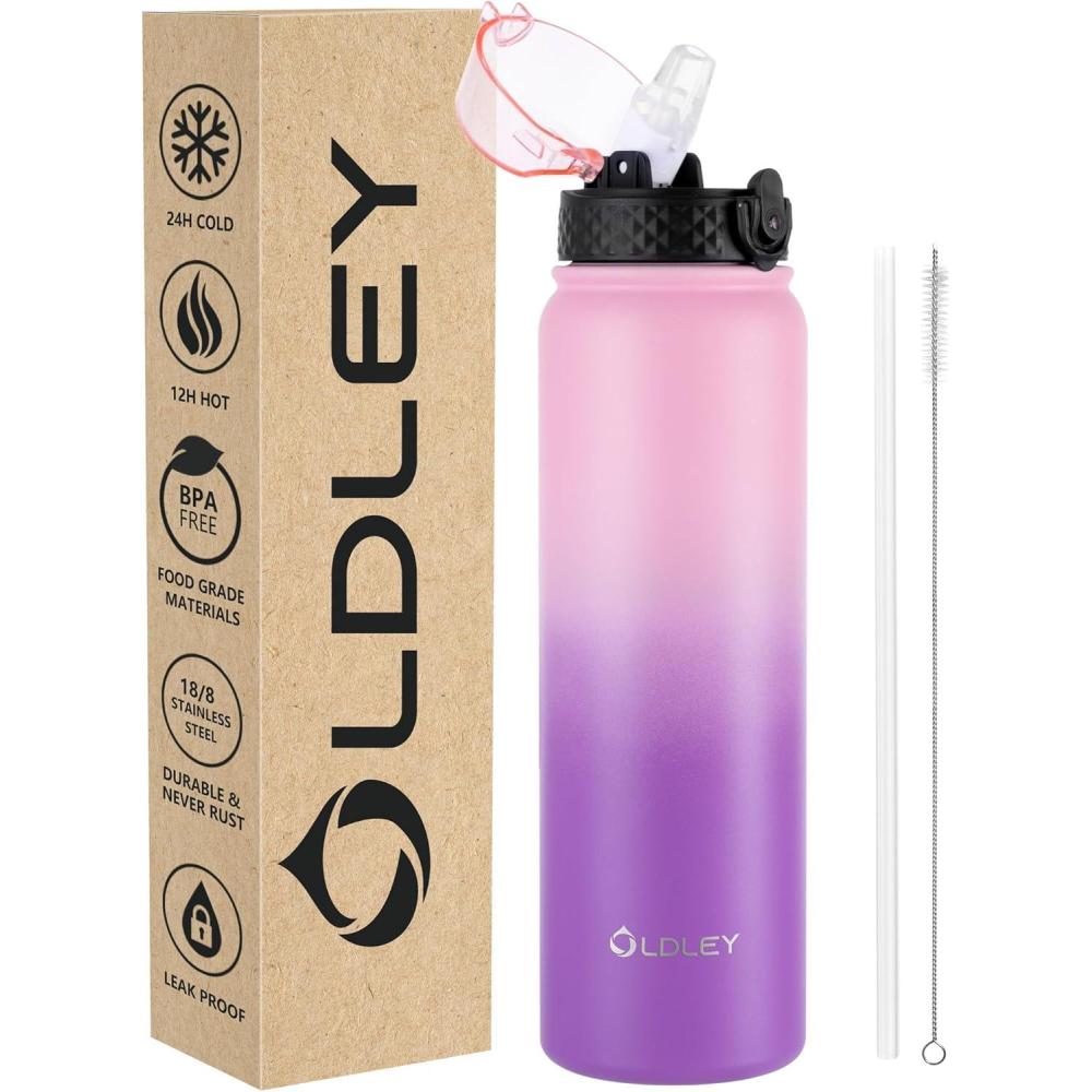 imageOLDLEY Bouteille deau en Acier Inoxydable avec Paille 1L Isotherme Sous Vide Grande gourde en Mtal tanche Garder les Boissons au Chaud et au Froid pour Vlo Camping Sports Gym Adulte Femme HommeRose Violet