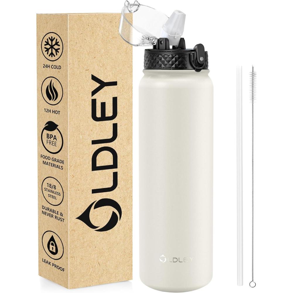 imageOLDLEY Bouteille deau en Acier Inoxydable avec Paille 1L Isotherme Sous Vide Grande gourde en Mtal tanche Garder les Boissons au Chaud et au Froid pour Vlo Camping Sports Gym Adulte Femme HommeCrme