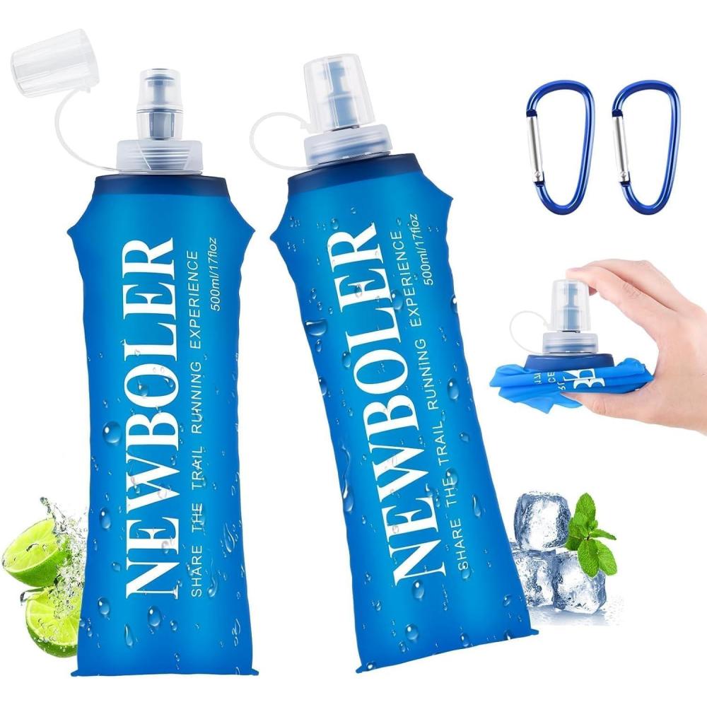 imageWuGU 2 Pcs Gourde Souple 500 ML Bouteille deau Pliable Unisexe avec 2 Mousquetons sans BPA Flasque Running Rutilisable en TPU pour Course Pied Randonne Escalade