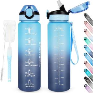 AOHAN Bouteille d&rsquo;eau de 1 L sans BPA avec paille, passe au lave-vaisselle, couvercle anti-fuite, bouteille d&rsquo;eau motivante avec marquages de temps, non toxique(Bleu Haze)