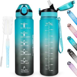AOHAN Bouteille d&rsquo;eau de 1 L sans BPA avec paille, passe au lave-vaisselle, couvercle anti-fuite, bouteille d&rsquo;eau motivante avec marquages de temps, non toxique(Vert-noir)