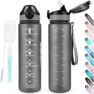 AOHAN Bouteille d&rsquo;eau de 1 L sans BPA avec paille, passe au lave-vaisselle, couvercle anti-fuite, bouteille d&rsquo;eau motivante avec marquages de temps, non toxique(Gris Mat)