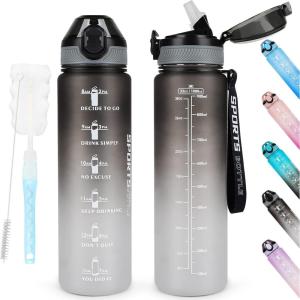 AOHAN Bouteille d&rsquo;eau de 1 L sans BPA avec paille, passe au lave-vaisselle, couvercle anti-fuite, bouteille d&rsquo;eau motivante avec marquages de temps, non toxique(Noir-gris)