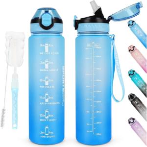 AOHAN Bouteille d&rsquo;eau de 1 L sans BPA avec paille, passe au lave-vaisselle, couvercle anti-fuite, bouteille d&rsquo;eau motivante avec marquages de temps, non toxique(Bleu Clair)