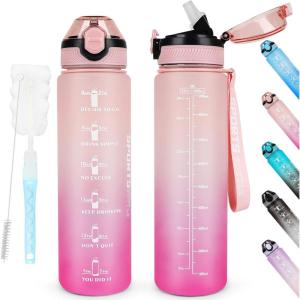 AOHAN Bouteille d&rsquo;eau de 1 L sans BPA avec paille, passe au lave-vaisselle, couvercle anti-fuite, bouteille d&rsquo;eau motivante avec marquages de temps, non toxique(Dégradé Rose)