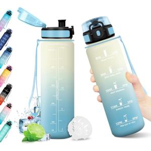 Bouteille d&rsquo;eau 500ml, Gourde Enfant avec Filtre, Gourde Sport Étanche, Gourdes avec Marqueur de Temps, Bouteille Reutilisable, Gourdes Motivation Idéale pour Yoga, École, Bureau, Randonnée(17oz-500ml | Blanc + Bleu Clair)