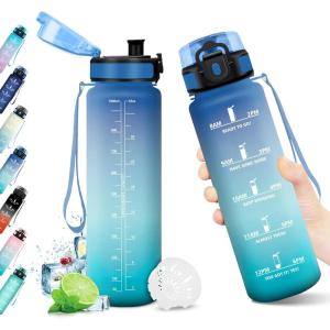 Bouteille d&rsquo;eau 500ml, Gourde Enfant avec Filtre, Gourde Sport Étanche, Gourdes avec Marqueur de Temps, Bouteille Reutilisable, Gourdes Motivation Idéale pour Yoga, École, Bureau, Randonnée(32oz-1000ml | Bleu + Vert)